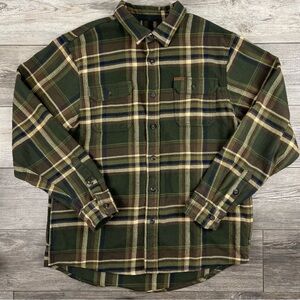 Orvis Heavyweight Flannel Shirt Men's L Olive Green Brown Plaid Shacket Jacket